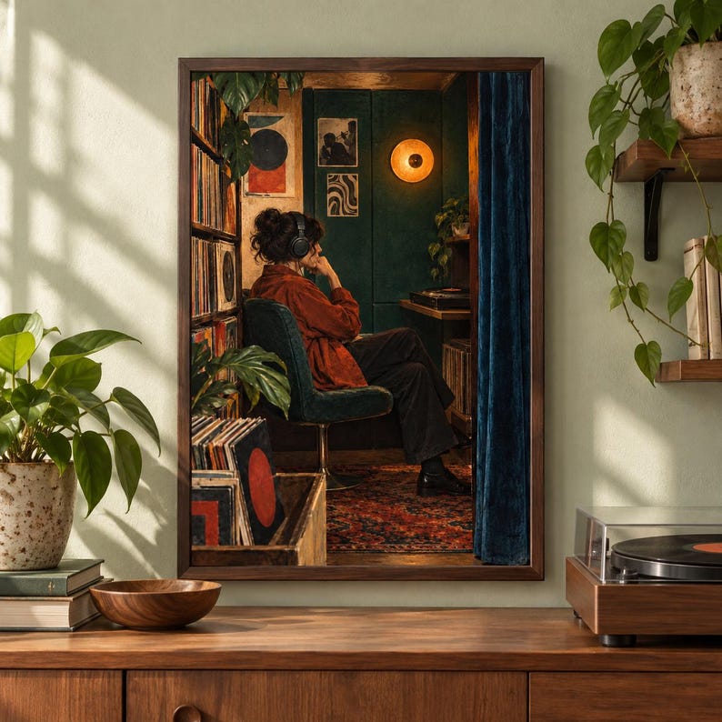 May include: A framed wall art print depicting a person wearing headphones and a rust-coloured shirt, seated in a dark green room with vinyl records, a circular wall lamp, and a blue curtain. The scene includes a patterned rug and shelves.