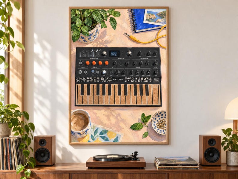 May include: A framed art print featuring a black Arturia MicroFreak synthesizer with orange knobs and a textured keyboard. The illustration includes a potted plant, a blue notebook, a yellow audio cable, a coffee mug, and a small bowl of paperclips.