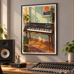 Może przedstawiać: Oprawiony wydruk ścienny przedstawiający syntezator Roland Juno-60 na drewnianym stojaku w nasłonecznionym pokoju. Ilustracja ukazuje czarną klawiaturę z białymi klawiszami, pomarańczowymi i ż&oacute;łtymi przyciskami oraz drewnianą ramą na jasnym tle.