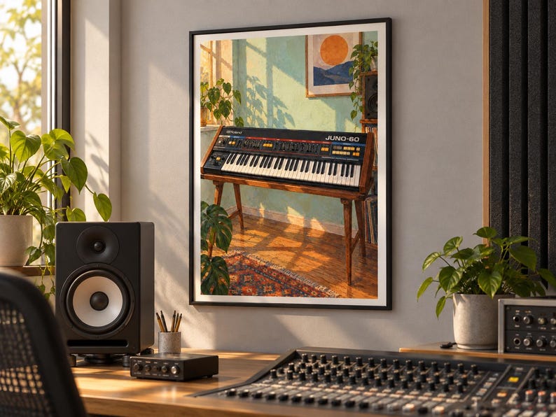 Może przedstawiać: Oprawiony wydruk ścienny przedstawiający syntezator Roland Juno-60 na drewnianym stojaku w nasłonecznionym pokoju. Ilustracja ukazuje czarną klawiaturę z białymi klawiszami, pomarańczowymi i ż&oacute;łtymi przyciskami oraz drewnianą ramą na jasnym tle.