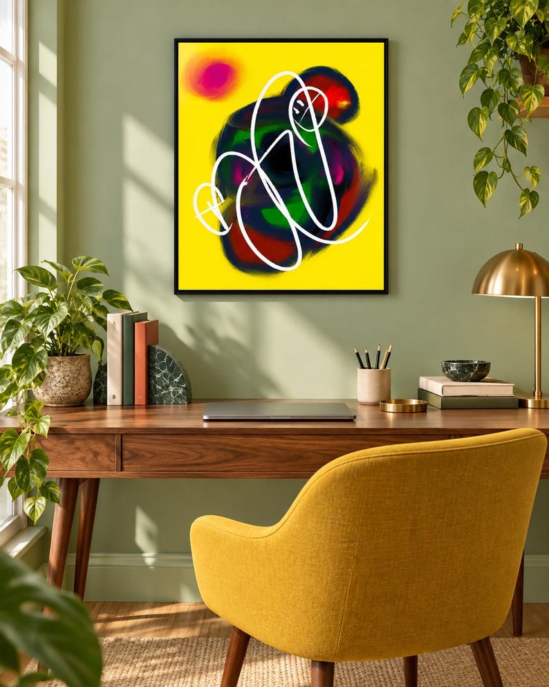 Puede incluir: Una impresi&oacute;n art&iacute;stica enmarcada con fondo amarillo brillante y un dise&ntilde;o abstracto central compuesto por l&iacute;neas blancas gruesas y continuas sobre manchas difusas de color verde oscuro, rojo y azul, con un peque&ntilde;o c&iacute;rculo rosa s&oacute;lido en la esquina.