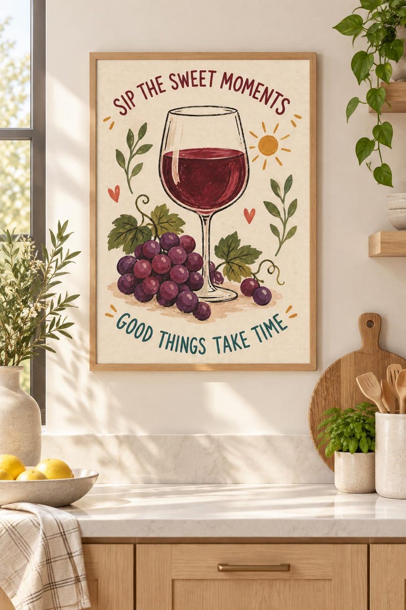May include: A framed wall art print featuring a glass of red wine, a cluster of purple grapes, and green leaves. The text reads SIP THE SWEET MOMENTS at the top and GOOD THINGS TAKE TIME at the bottom, accented by small red hearts and a yellow sun.