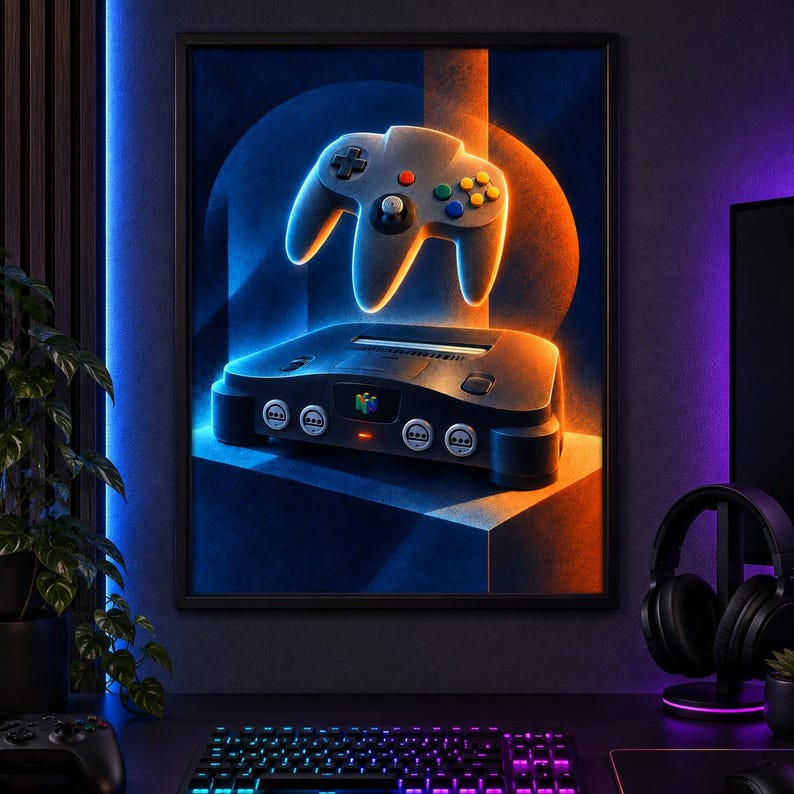 Op de afbeelding: Een ingelijste muurkunstprint met een donkergrijze videogameconsole en een bijpassende controller die erboven zweeft. Het kunstwerk gebruikt een levendig blauw en oranje verlichtingsschema met een gloeiend effect tegen een donkere achtergrond.
