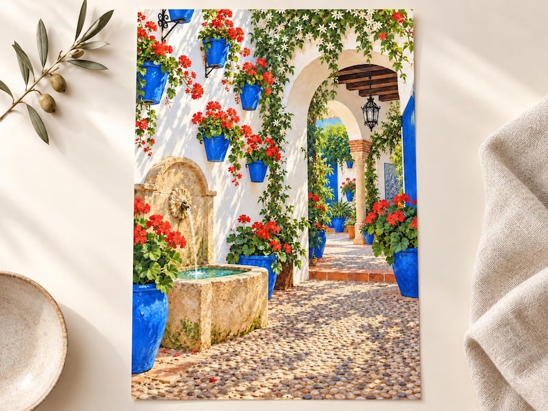 May include: A wall art print depicting a sunlit Mediterranean courtyard with a stone fountain, vibrant red geraniums in bright blue pots, climbing green vines, and a cobblestone path leading through a white arched entryway under a clear sky.