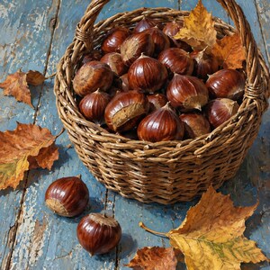 May include: A woven wicker basket filled with numerous glossy, dark brown chestnuts. The basket features a sturdy handle and is surrounded by several fallen, dried autumn leaves in shades of orange, yellow, and brown, creating a seasonal display.