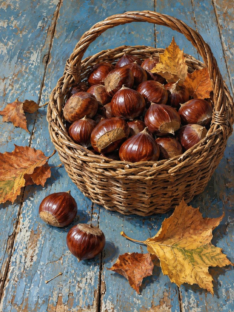 May include: A woven wicker basket filled with numerous glossy, dark brown chestnuts. The basket features a sturdy handle and is surrounded by several fallen, dried autumn leaves in shades of orange, yellow, and brown, creating a seasonal display.