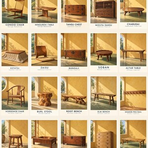 May include: A collection of twenty wooden furniture pieces displayed in individual panels, including chairs, tables, benches, stools, and chests. Each panel features a label with the item name and tradition, such as Conoid Chair, Tansu Chest, and Kotatsu.