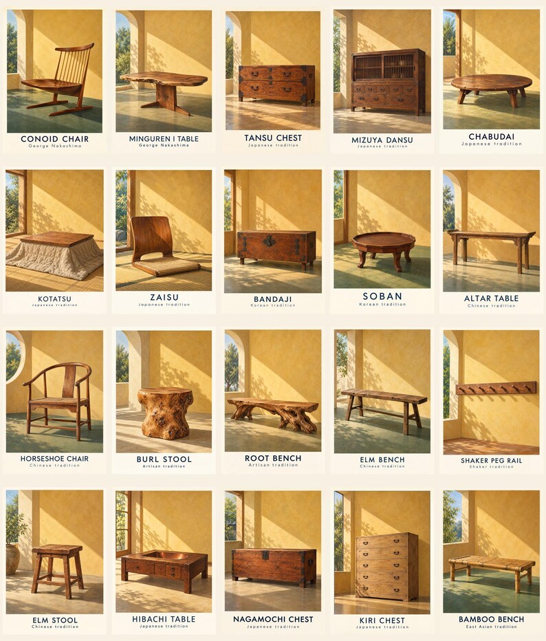 May include: A collection of twenty wooden furniture pieces displayed in individual panels, including chairs, tables, benches, stools, and chests. Each panel features a label with the item name and tradition, such as Conoid Chair, Tansu Chest, and Kotatsu.