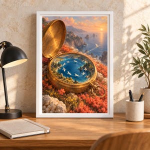 May include: A framed wall art print featuring a surreal illustration of an open brass pocket watch resting on a rocky, flower-covered cliffside. Inside the watch face, a miniature blue bay is surrounded by trees and white birds flying in a circle.
