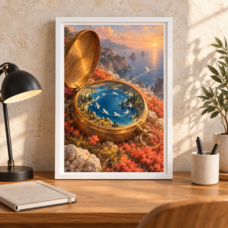 May include: A framed wall art print featuring a surreal illustration of an open brass pocket watch resting on a rocky, flower-covered cliffside. Inside the watch face, a miniature blue bay is surrounded by trees and white birds flying in a circle.