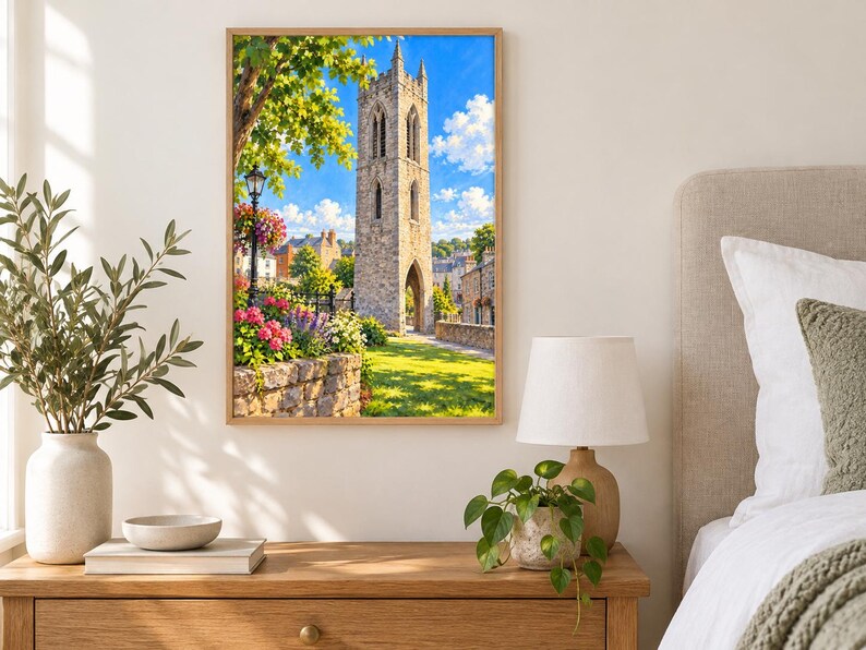May include: A framed wall art print featuring a tall, weathered stone bell tower under a bright blue sky with white clouds. The scene includes a stone wall, vibrant pink and purple flowers, green trees, and a black lamp post in a sunny park.