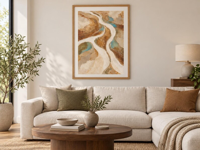 Pu&ograve; includere: Una stampa artistica da parete incorniciata che raffigura un dipinto di paesaggio astratto con forme bianche fluide simili a un fiume, terreno nei toni della terra marrone e marrone chiaro e piccole macchie di blu turchese brillante, in una cornice di legno chiaro.