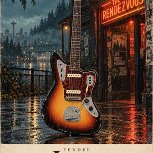 May include: A sunburst Fender Jaguar electric guitar with a tortoiseshell pickguard, chrome hardware, and a tremolo arm. The guitar is displayed against a rainy urban backdrop with a neon sign reading THE RENDEZVOUS and text FENDER Jaguar 1962.
