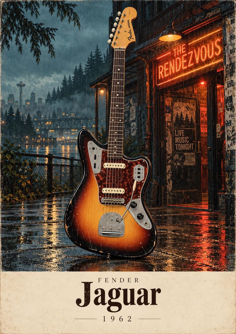 May include: A sunburst Fender Jaguar electric guitar with a tortoiseshell pickguard, chrome hardware, and a tremolo arm. The guitar is displayed against a rainy urban backdrop with a neon sign reading THE RENDEZVOUS and text FENDER Jaguar 1962.