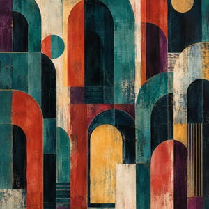 Pode incluir: Uma pintura abstrata apresentando uma s&eacute;rie de arcos sobrepostos em tons de azul-petr&oacute;leo profundo, laranja queimado, amarelo mostarda e roxo escuro. A composi&ccedil;&atilde;o inclui formas circulares e linhas verticais com um acabamento texturizado e desgastado.