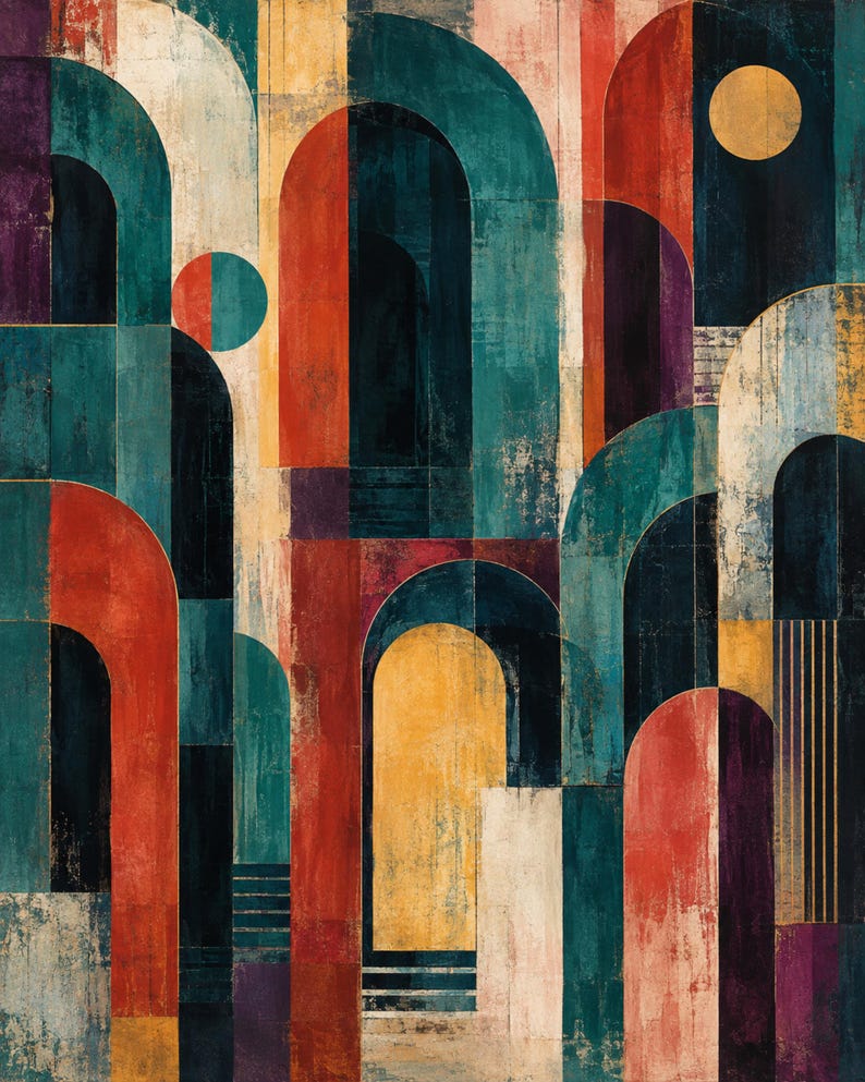 Pode incluir: Uma pintura abstrata apresentando uma s&eacute;rie de arcos sobrepostos em tons de azul-petr&oacute;leo profundo, laranja queimado, amarelo mostarda e roxo escuro. A composi&ccedil;&atilde;o inclui formas circulares e linhas verticais com um acabamento texturizado e desgastado.