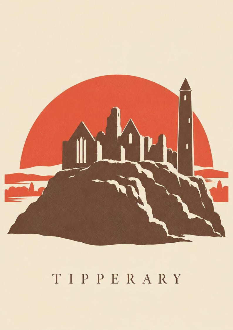 May include: A graphic art print featuring a brown silhouette of the Rock of Cashel ruins and a tall round tower set against a large, solid orange sun. The landscape is depicted on a cream background with the word TIPPERARY printed in black.