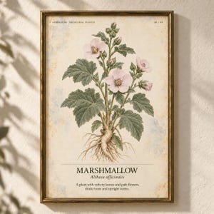 Pode incluir: Uma impress&atilde;o bot&acirc;nica emoldurada com uma ilustra&ccedil;&atilde;o detalhada de uma planta de malvarisco com flores rosa-p&aacute;lido, folhas verdes e ra&iacute;zes expostas. O texto diz HERBARIUM MEDICINAL PLANTS 26/40, MARSHMALLOW, Althaea officinalis e uma descri&ccedil;&atilde;o.
