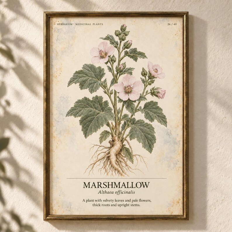 Pode incluir: Uma impress&atilde;o bot&acirc;nica emoldurada com uma ilustra&ccedil;&atilde;o detalhada de uma planta de malvarisco com flores rosa-p&aacute;lido, folhas verdes e ra&iacute;zes expostas. O texto diz HERBARIUM MEDICINAL PLANTS 26/40, MARSHMALLOW, Althaea officinalis e uma descri&ccedil;&atilde;o.