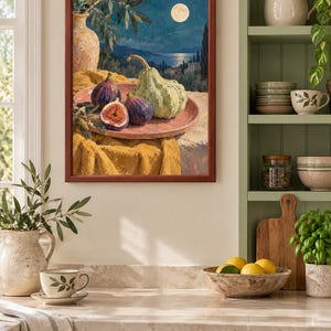 Fig Moon Wall Art, Autumn Still Life Painting, A3 Printable Digital Download image 1