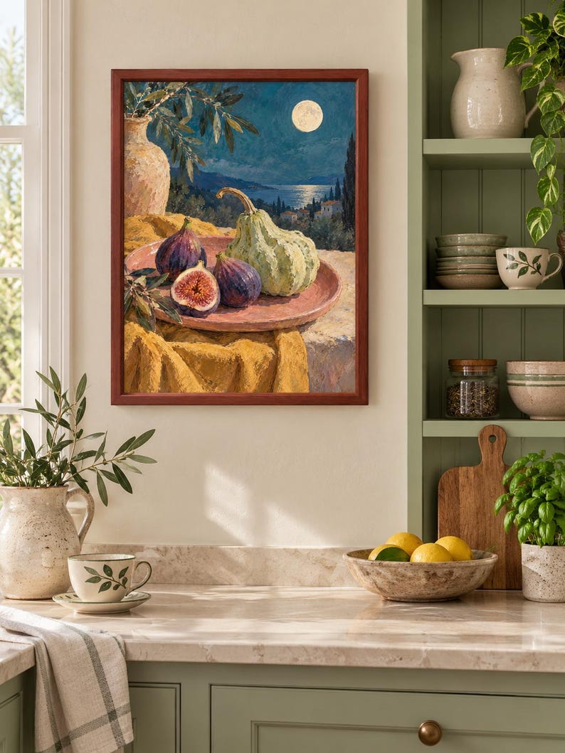 Fig Moon Wall Art, Autumn Still Life Painting, A3 Printable Digital Download image 1