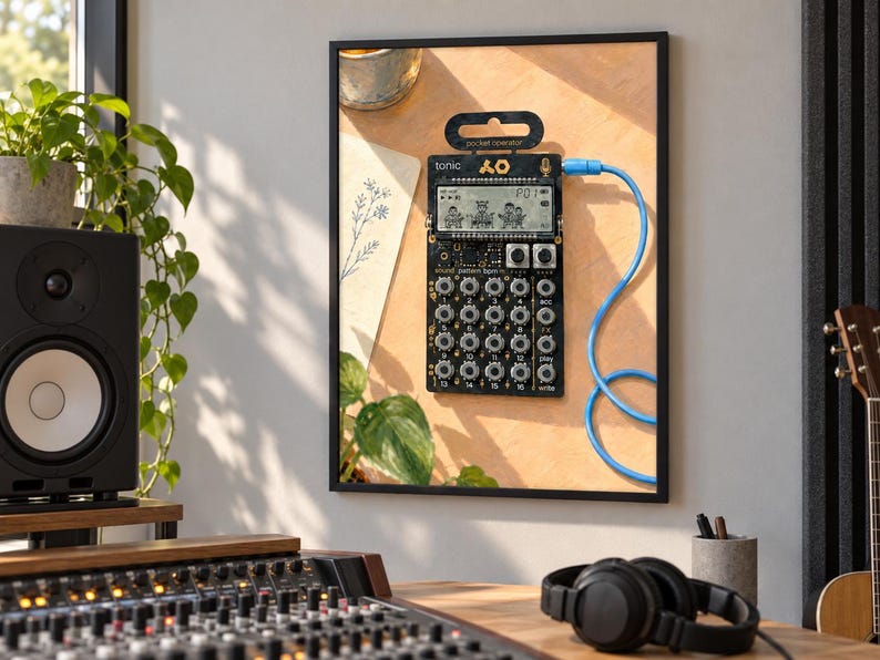 May include: A black Teenage Engineering PO-32 Tonic pocket operator synthesizer featuring a monochrome LCD screen with animated graphics, sixteen numbered buttons, and multiple control knobs, connected by a bright blue cable to a wall frame.