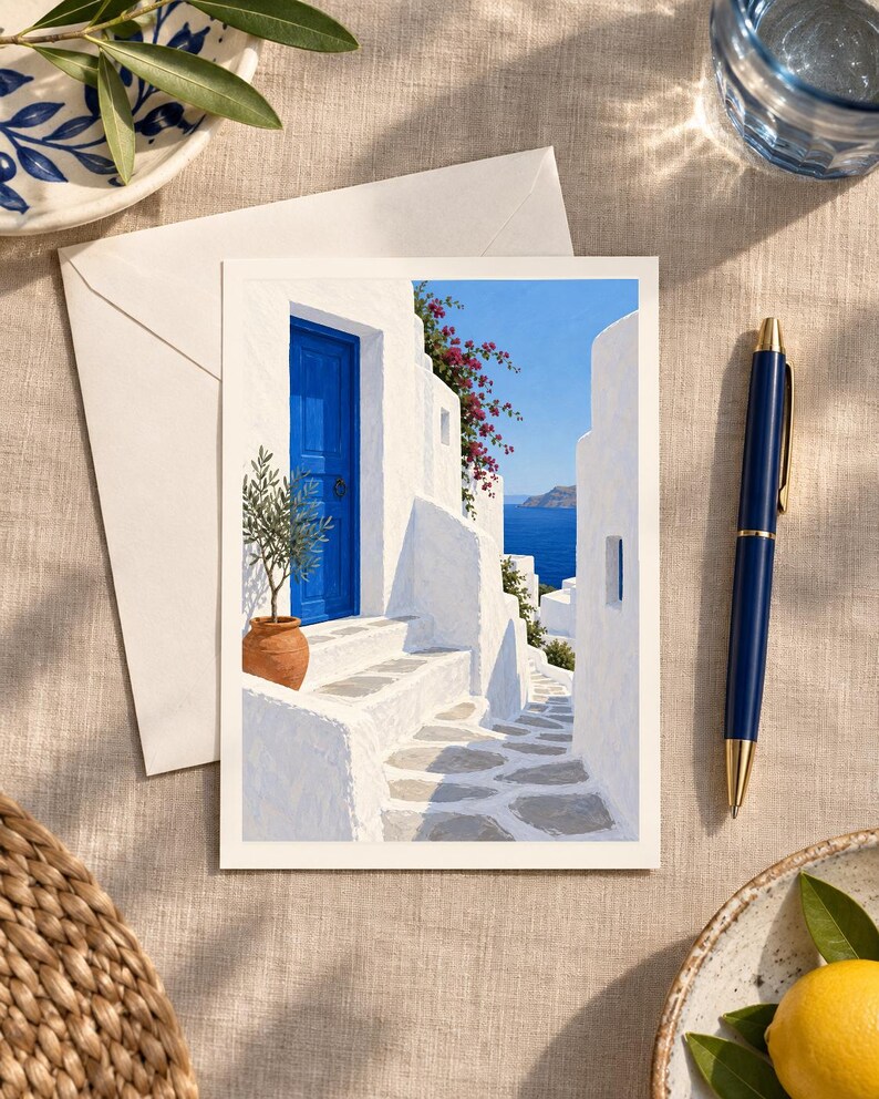Puede incluir: Una tarjeta de felicitaci&oacute;n rectangular que muestra una pintura de un edificio blanco con una puerta azul brillante, escalones de piedra, un olivo en maceta y flores de buganvilla rosas, con vista al mar azul al fondo.