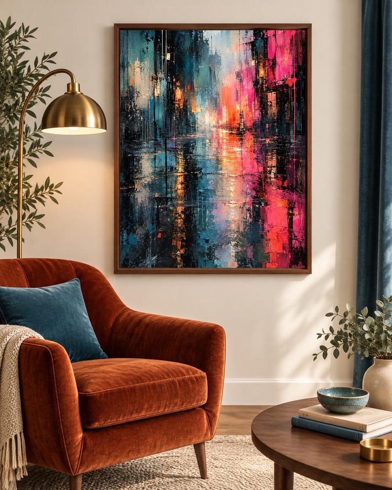 Puede incluir: Un cuadro rectangular enmarcado con una pintura abstracta de paisaje urbano que presenta trazos verticales vibrantes en rosa intenso, azul turquesa, azul marino y naranja brillante, representando una calle lluviosa con luces reflejadas.