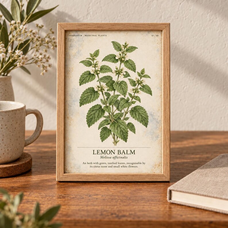 May include: A framed botanical print of a lemon balm plant with green leaves and small white flowers. The text reads HERBARIUM MEDICINAL PLANTS, LEMON BALM, Melissa officinalis, and a description of the herb with its citrus scent and flowers.