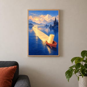 Op de afbeelding: Een ingelijste kunstdruk met een rode roeiboot die een grote, rechtopstaande rol papier vervoert op een diepblauw meer. Een helder gouden pad van zonlicht reflecteert op het water en leidt naar besneeuwde bergen onder een zachte, stralende lucht.