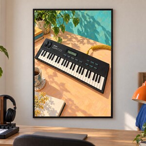 Puede incluir: Un sintetizador Yamaha DX100 negro con teclas blancas y negras, una peque&ntilde;a pantalla digital y varios botones de control, colocado sobre una superficie de color naranja claro con un cable amarillo en espiral que sale del lateral.