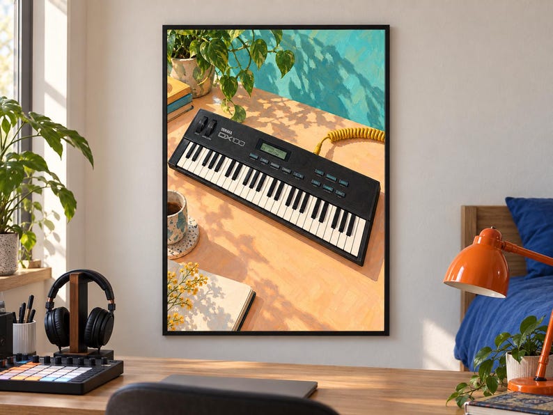 Puede incluir: Un sintetizador Yamaha DX100 negro con teclas blancas y negras, una peque&ntilde;a pantalla digital y varios botones de control, colocado sobre una superficie de color naranja claro con un cable amarillo en espiral que sale del lateral.