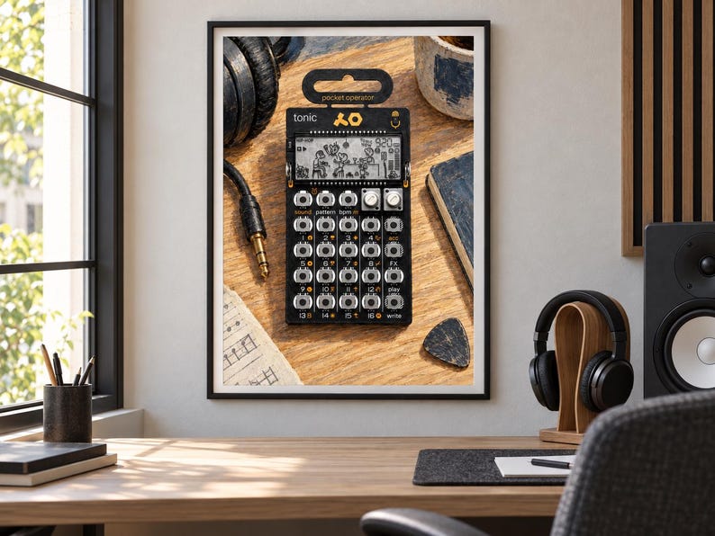 May include: A black Teenage Engineering PO-32 Tonic pocket operator synthesizer featuring a monochrome LCD screen with graphic animations, a grid of sixteen circular buttons, two silver rotary knobs, and the text "tonic" and "pocket operator".