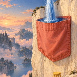 May include: A surreal landscape featuring a red fabric pocket attached to a rocky cliff face, filled with blue water pouring from a cloud above. A small yellow stool sits on the rocky ledge below the pocket, overlooking a valley with mountains.