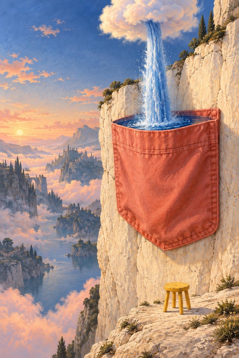 May include: A surreal landscape featuring a red fabric pocket attached to a rocky cliff face, filled with blue water pouring from a cloud above. A small yellow stool sits on the rocky ledge below the pocket, overlooking a valley with mountains.