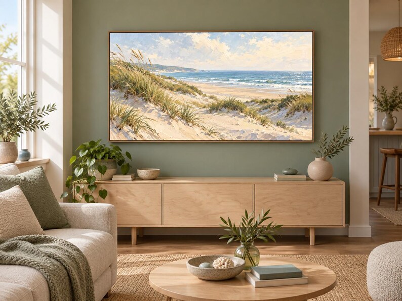 May include: A rectangular landscape painting in a thin wooden frame depicting a coastal scene with sand dunes, tall beach grass, and a blue ocean under a partly cloudy sky, mounted on a sage green wall above a light wood media console.