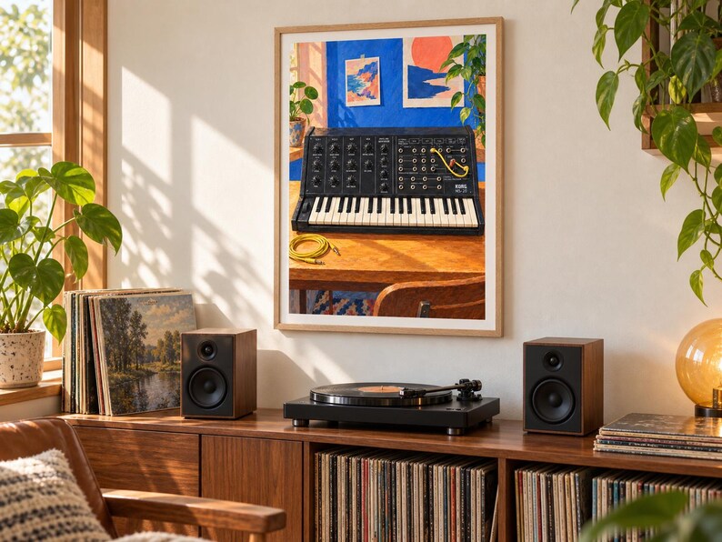 May include: A framed wall art print featuring a black Korg MS-20 analog synthesizer with a yellow patch cable, set against a vibrant blue wall with two small landscape paintings and a potted plant on a wooden desk surface.