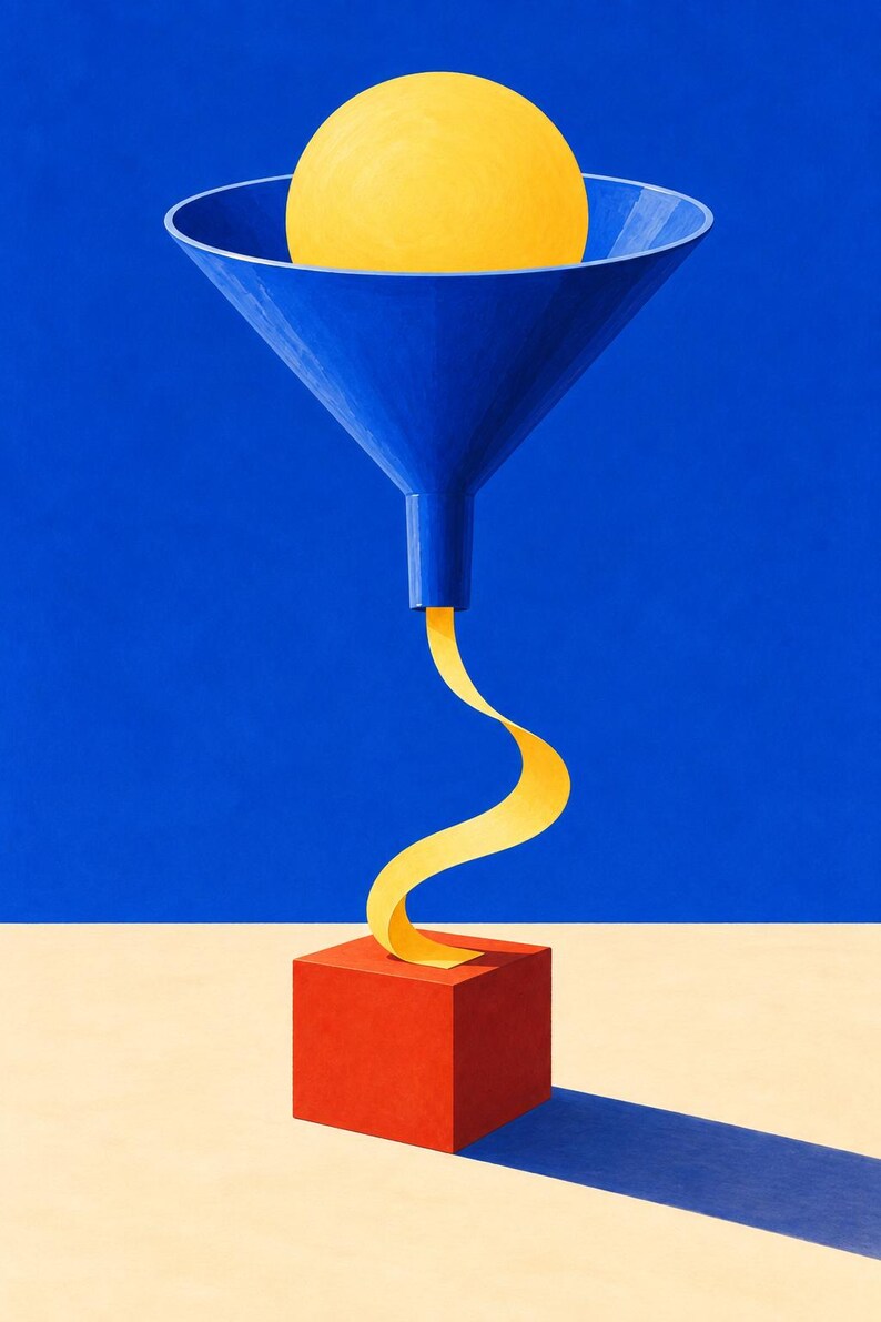 Op de afbeelding: Een blauwe trechter bevat een grote gele bol. Een geel lint stroomt uit de onderkant van de trechter in een rode kubus. De compositie bevat gedurfde primaire kleuren tegen een blauwe achtergrond en een lichtbeige voorgrondoppervlak.