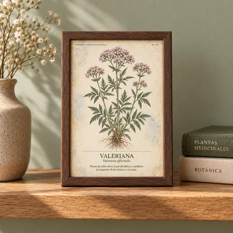 K&ouml;nnte beinhalten: Ein rechteckiger Rahmen aus dunklem Holz mit einem botanischen Druck der Pflanze Valeriana officinalis mit rosa Bl&uuml;ten, gr&uuml;nen Bl&auml;ttern und Wurzeln. Der Druck enth&auml;lt den Text VALERIANA, Valeriana officinalis und spanischen Text.