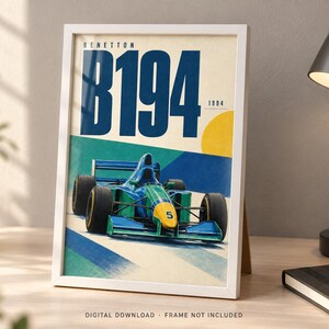 May include: A framed poster featuring a blue, green, and yellow Benetton B194 Formula 1 race car with the number 5 on the nose. The text reads BENETTON B194 1994. The design includes a yellow circle against a cream background with blue and green accents.