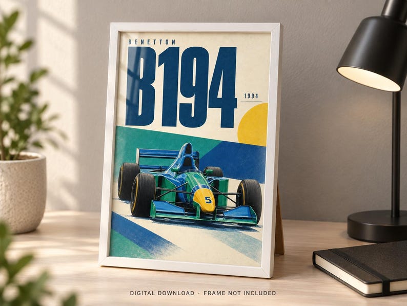 May include: A framed poster featuring a blue, green, and yellow Benetton B194 Formula 1 race car with the number 5 on the nose. The text reads BENETTON B194 1994. The design includes a yellow circle against a cream background with blue and green accents.