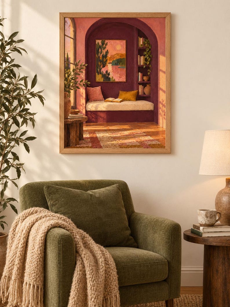 Evening Alcove Wall Art, Painterly Reading Nook Print, A3 Digital Download image 2