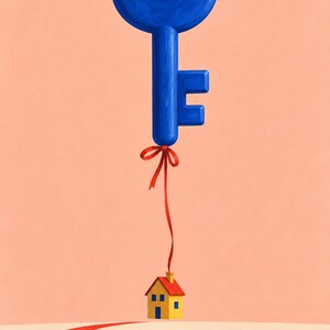 May include: A large blue key floating in the air, tied with a thin red ribbon to a small yellow house with a red roof. The house is suspended above a curved red path that leads toward the center of the frame against a solid peach background.
