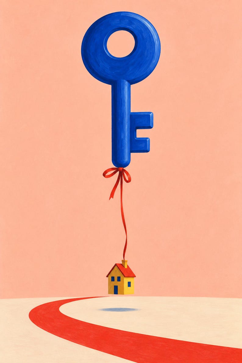 May include: A large blue key floating in the air, tied with a thin red ribbon to a small yellow house with a red roof. The house is suspended above a curved red path that leads toward the center of the frame against a solid peach background.