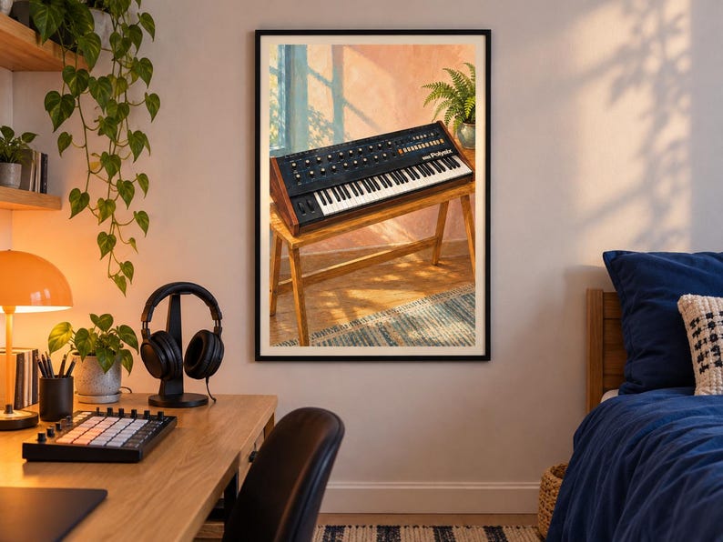 May include: A framed wall art print depicting a black analogue synthesiser with wooden side panels resting on a wooden stand. The keyboard features black and white keys, numerous circular control knobs, and the text PolySix printed on the front panel.