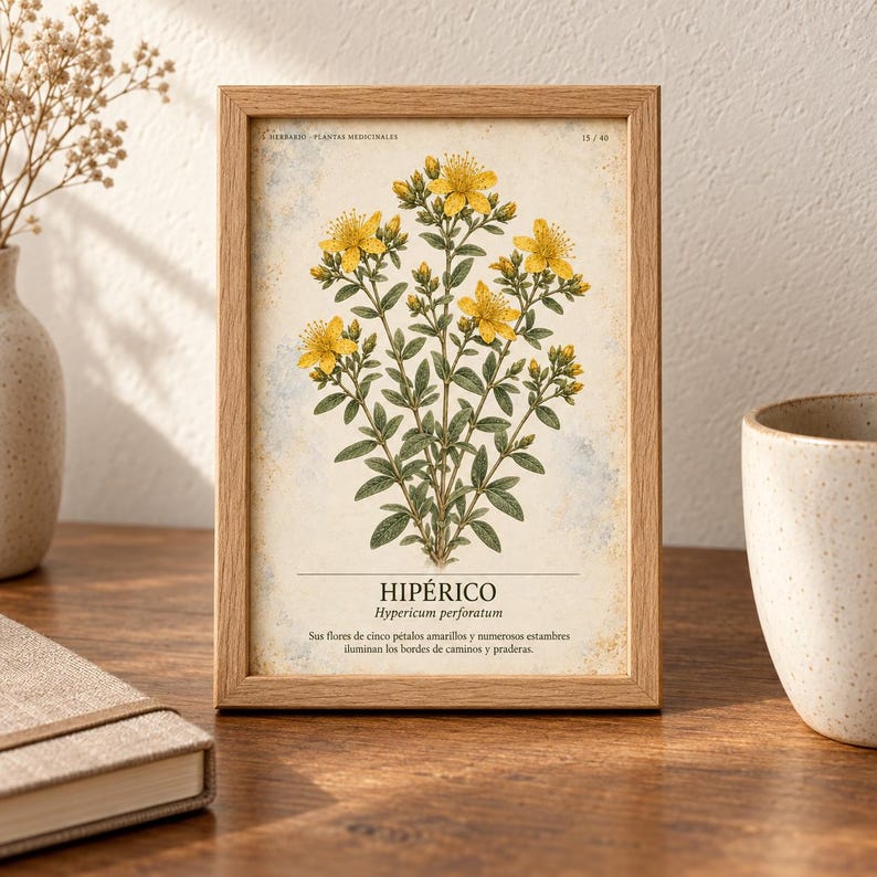 May include: A framed botanical print featuring a detailed illustration of a yellow Hypericum perforatum plant. The print includes the text "HIP&Eacute;RICO" and "Hypericum perforatum" with descriptive Spanish text below the plant illustration on a cream background.