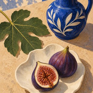May include: A vibrant blue ceramic pitcher with white leaf patterns, a single green fig leaf, and a white scalloped bowl containing one whole dark purple fig and one halved fig showing its textured red interior on a light tan surface.