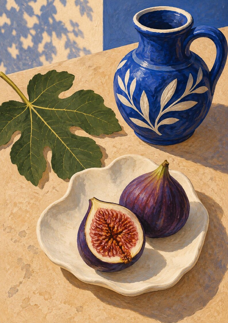 May include: A vibrant blue ceramic pitcher with white leaf patterns, a single green fig leaf, and a white scalloped bowl containing one whole dark purple fig and one halved fig showing its textured red interior on a light tan surface.