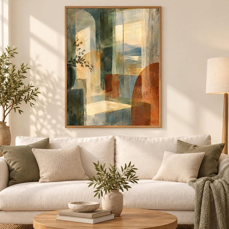 Pu&ograve; includere: Una stampa artistica da parete rettangolare in una cornice di legno con una composizione astratta di forme geometriche e luce soffusa. L'opera mostra toni tenui di blu, verde, ocra e terracotta, raffigurando una vista simile a una finestra.