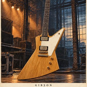 May include: A natural wood finish Gibson Explorer electric guitar with a white pickguard, two humbucker pickups, and three control knobs. The headstock features the Gibson logo. Below the guitar, the text reads GIBSON Explorer 1958.